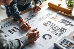 equipo trabajando en planos de diseno estrategia y datos de negocio