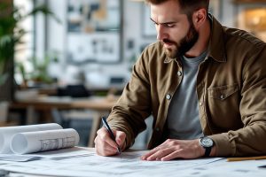 hombre escribiendo en cuaderno en espacio de trabajo con luz natural