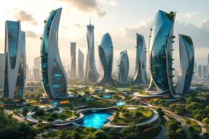 A photograph of a futuristic city skyline featuring innovative architectural designs