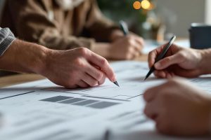 manos de arquitectos trabajando en planos de construccion con discusiones