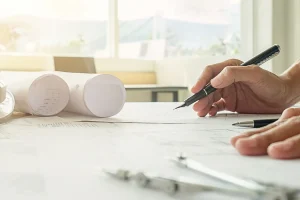 manos ingeniero plano de trabajo concepto de construccion