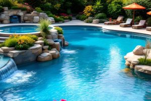 piscina lujo rocas plantas jardin