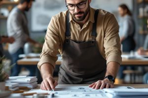 profesional revisando prototipos en espacio de trabajo modernista