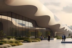 renderizado de edificio moderno con lineas curvas y vidrio en entorno natural