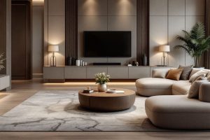 salon de lujo con sofas beige iluminacion led y detalles en marmol