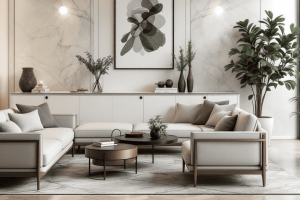 salon lujo moderno con sofa cuadro y plantas en tonos claros